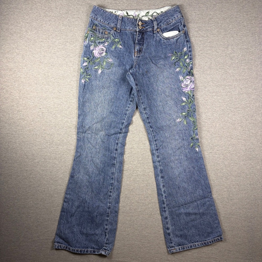 Limited Too Jeans Women 16 Blue Rose Embroidered Boy Fit Flare Denim Pants